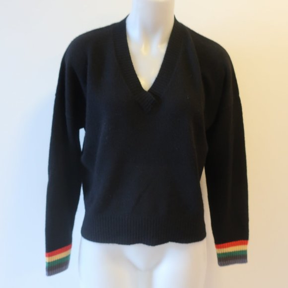 27 MILES Sweaters - WOMENS 27 MILES BLACK RAINBOW CUFFS V-NECK CASHMERE SWEATER XS *